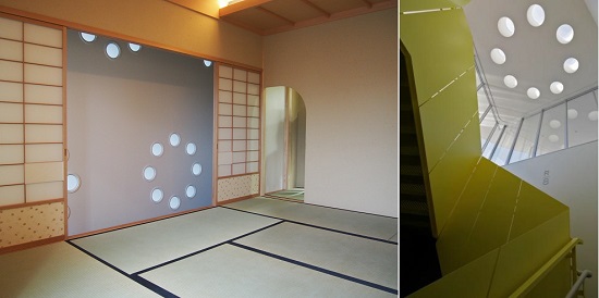 左:作法を学ぶ場として「くつろぐ・学ぶ」5階に備えられたお茶室 ※、右:トップライトのある階段