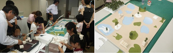 左:お父さんに手伝ってもらいながら模型作りを体験/右:子どもたち全員で作った模型作品