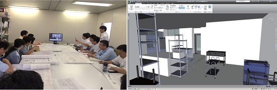 左:スタッフヒアリングの様子、右:BIMによる3Dモデル