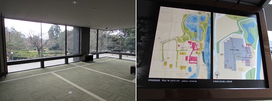 右:この地にあった砂取御邸絵図と現在の図書館を重ねた解説図