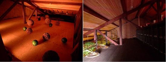 (左:屋根裏を活用した収蔵展示室。右:天井裏に作ったロフト。トラス式の構造をみることができる。)