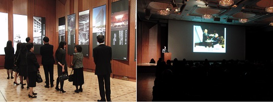 左:作品シートが展示された会場のブルーローズ/右:福本総支配人による「最近のサントリーホール」の紹介
